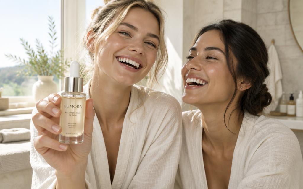 TV advert frame of two friends laughing with a skincare bottle