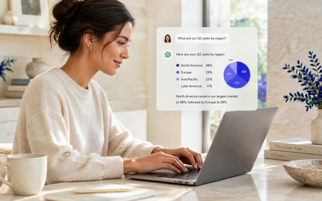 Woman asking the Ted AI assistant a question on her laptop