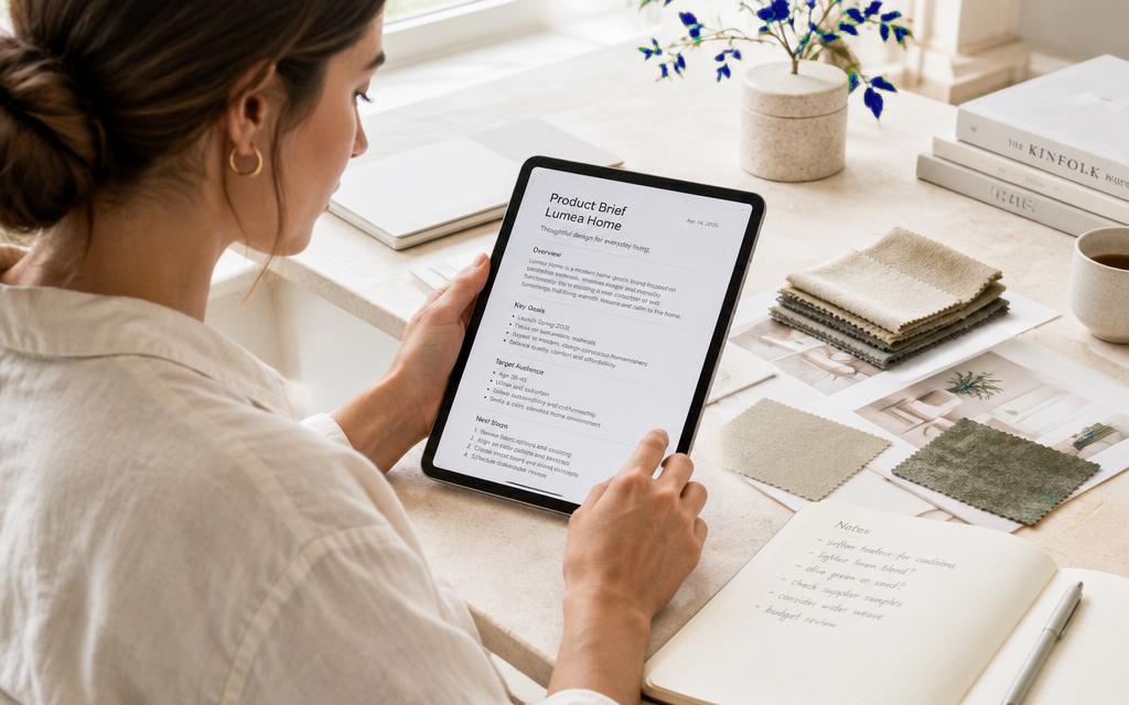 Creative director writing a product photography brief beside a laptop