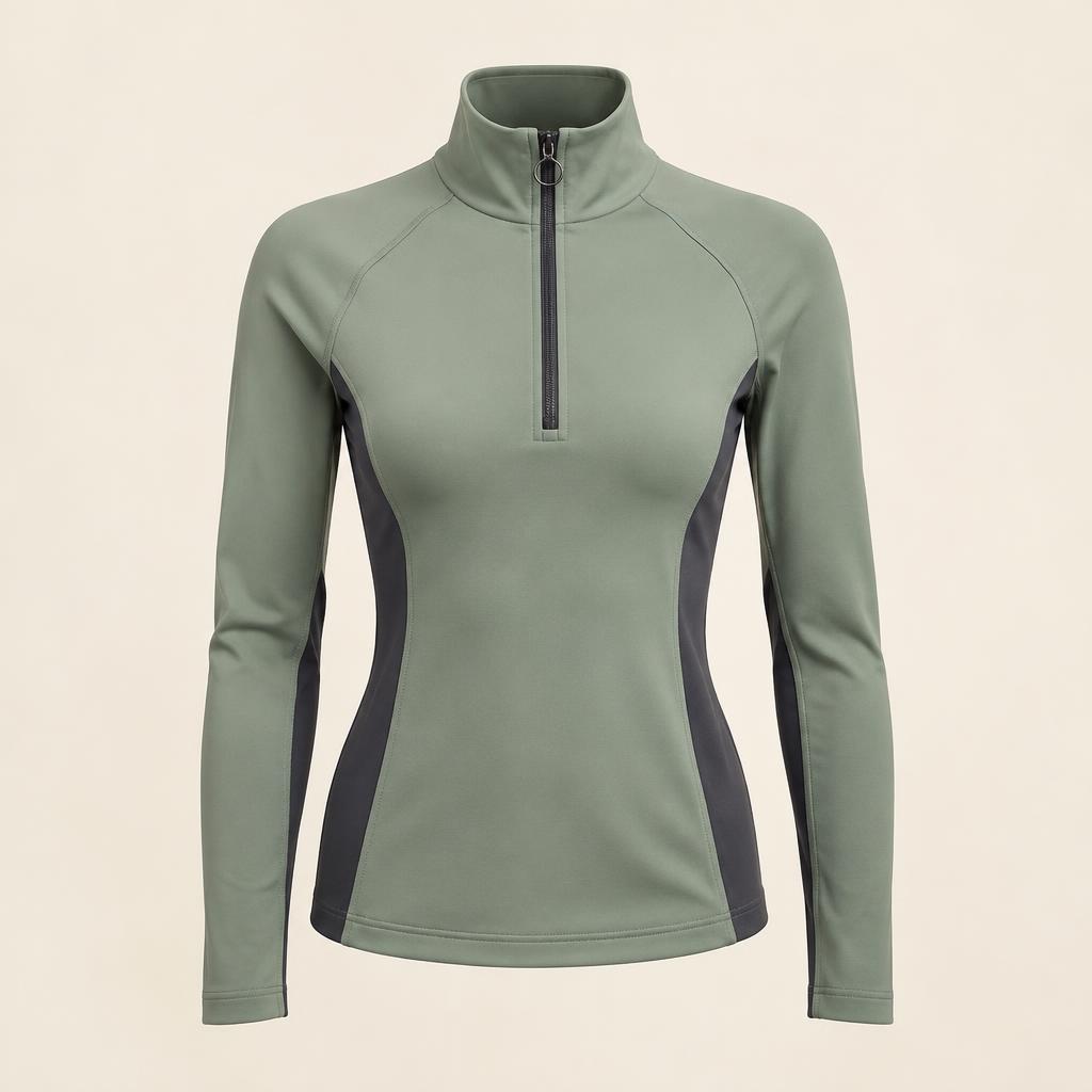 Photorealistic render of the sketched half-zip top in sage green