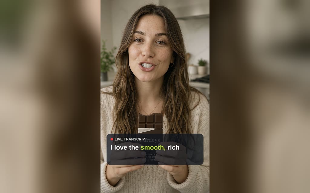 Woman filming herself on her phone tasting a Purdeys dark chocolate bar